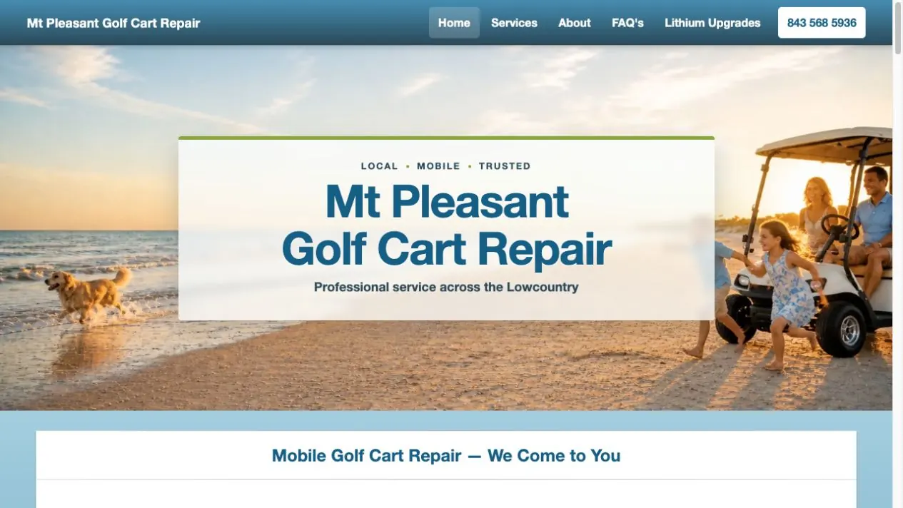 Screenshot of the upgraded Mount Pleasant Golf Cart Repair website