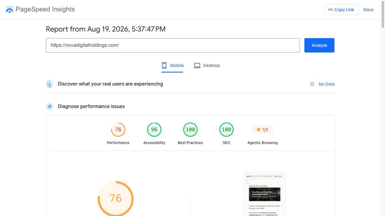 Google PageSpeed Insights mobile analysis results for Nova Digital Holdings